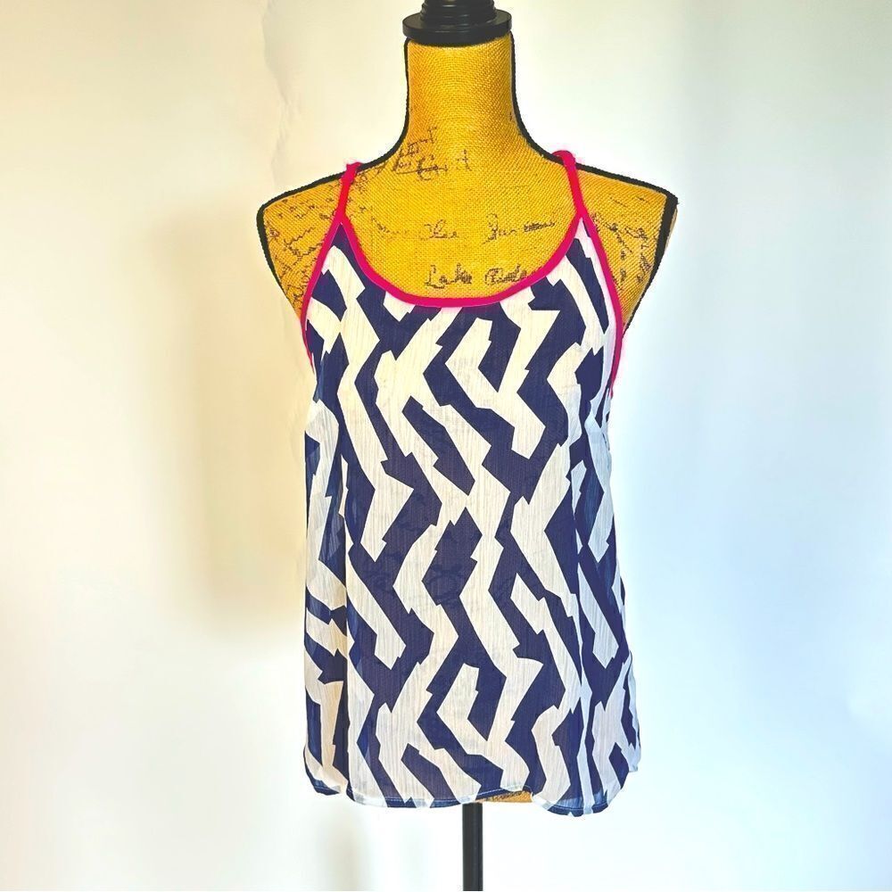 Charming Charlie Women's Geometric Print contrast trim tank sheer top Size S